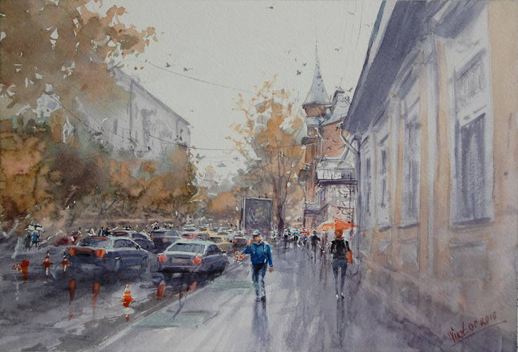 Картина "Киев, замок барона, дождь" акварель, бумага. Микитенко Виктор