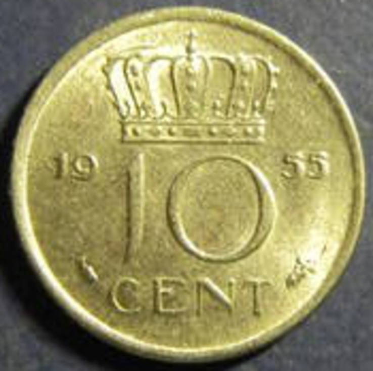 10 центів Нідерланди 1955, фото №2