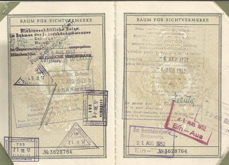 Паспорт Германия 1952, Виза Иордания, разрешение на въезд во Французскую Зону, фото №5