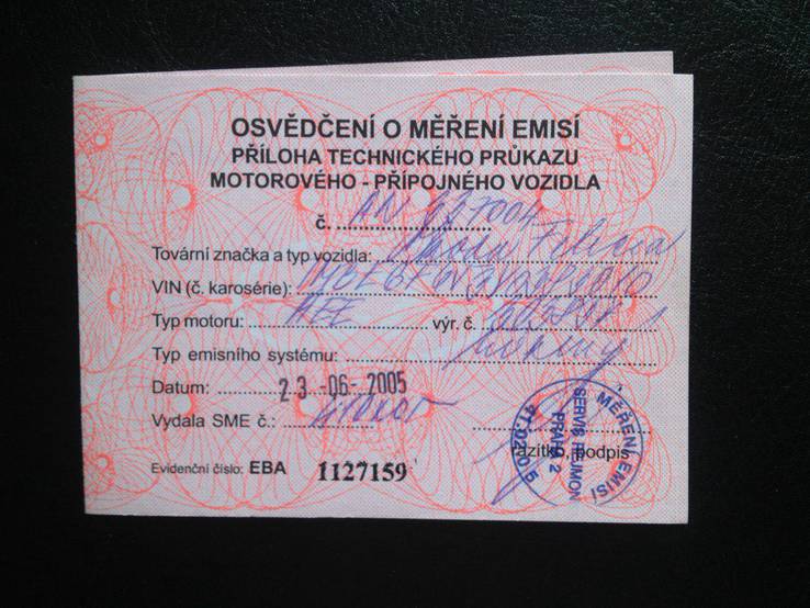 Свидетельство о техосмотре автомобиля Škoda Felicia (Чехия,23.06.2005), фото №2