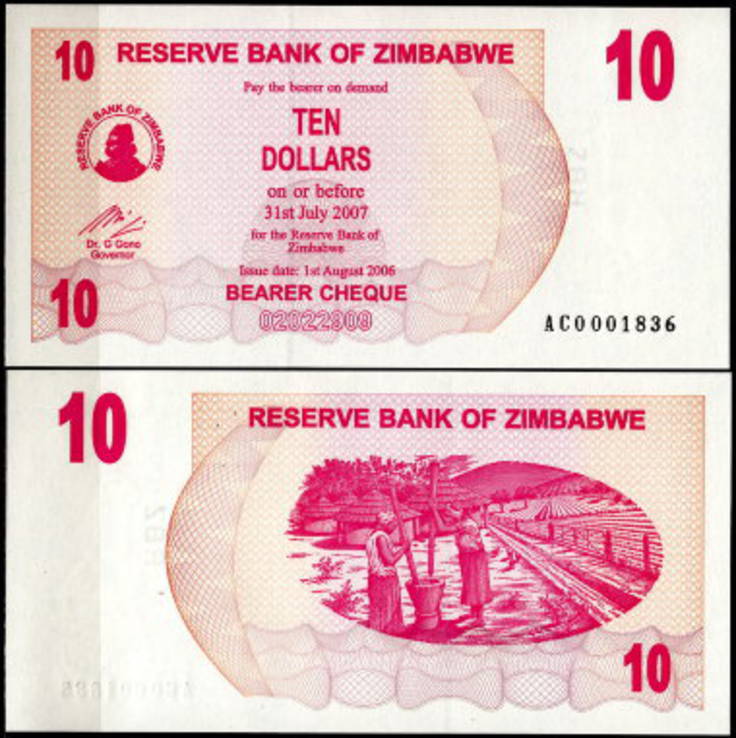 Zimbabwe Зимбабве - 10 Dollars 01.08. 2006 UNC cheque Pick 39