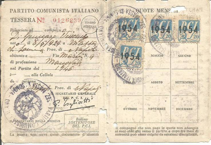 Италия 1954 Коммунистическая партия Членский билет Марки уплаты взносов, фото №3