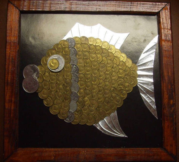 Коллаж Рыбка из монет. 22.5Х23см., фото №4