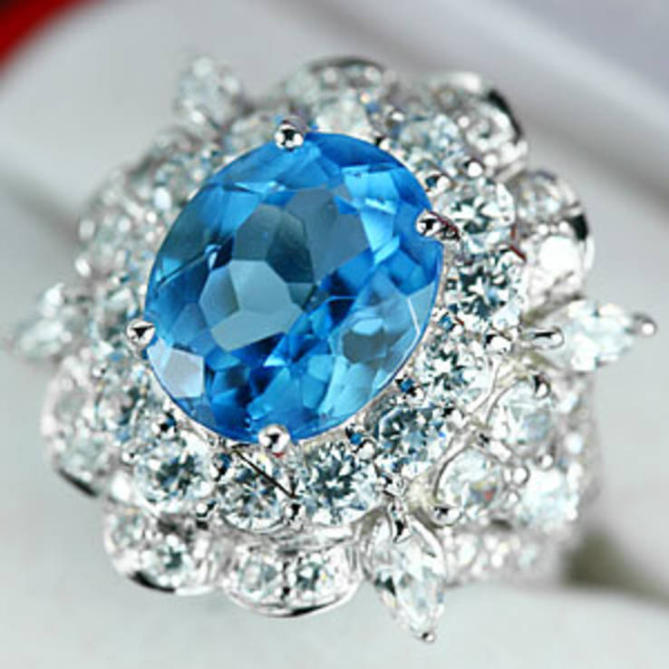 Кольцо 925 натуральный голубой топаз, цирконий., фото №2