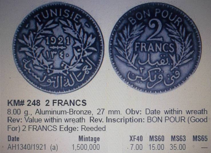 2 франка  1921 року . Туніс ( колонія Франції), фото №4