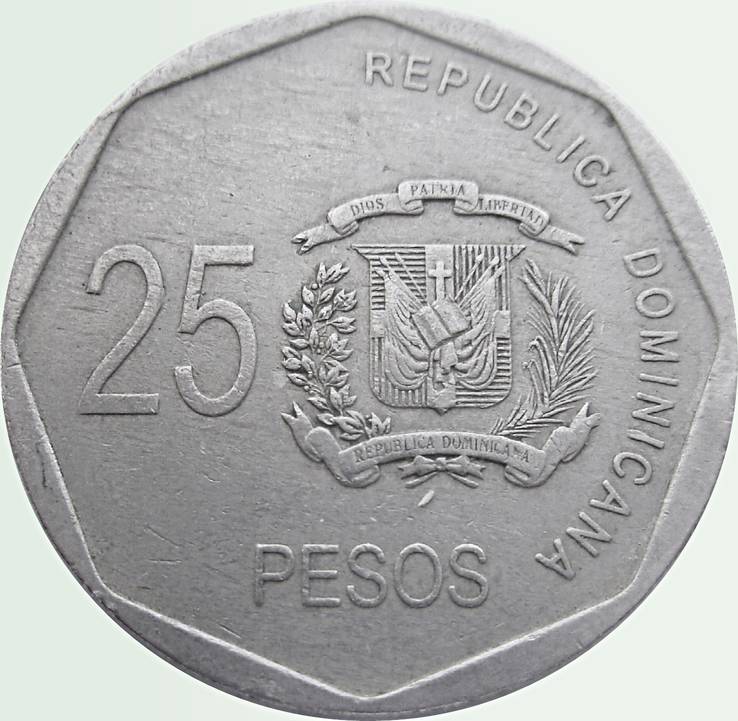 32. Доминикана 25 песо, 2005 год, первый год выпуска, фото №2