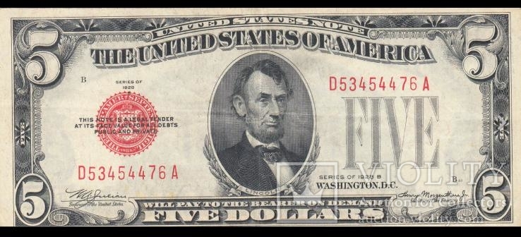 5 долларов США 1928 B RED SEAL UNITED STATES NOTE  476A 077, фото №2
