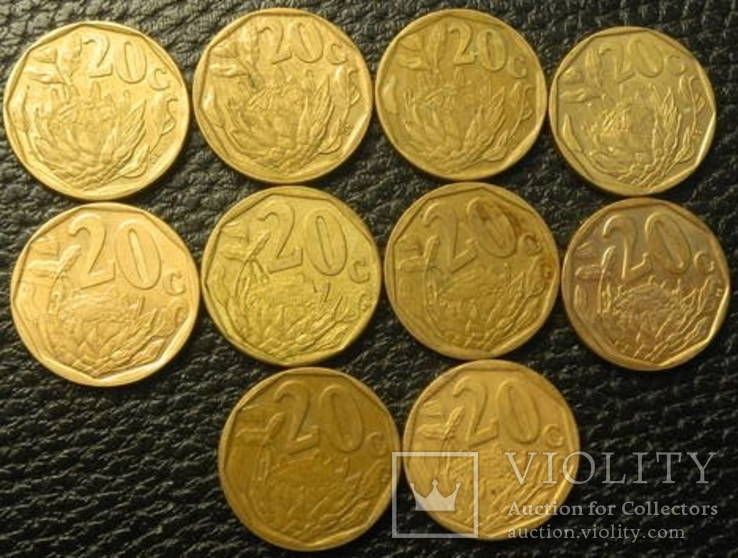 20 центів Південна Африка (порічниця) 10шт, всі різні, фото №3