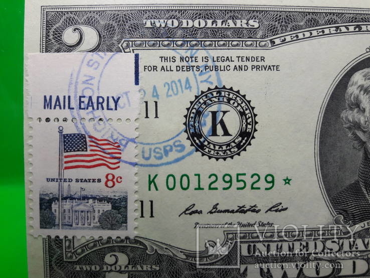 Два Доллара с почтовыми марками и штемпелями США Серия Флаги ООН и США, numer zdjęcia 5