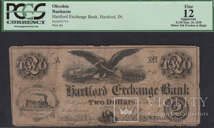 2 доллара 1858 Hartford Exchange Bank Indiana, PCGS graded Fine 12 A 1716 (120), фото №2