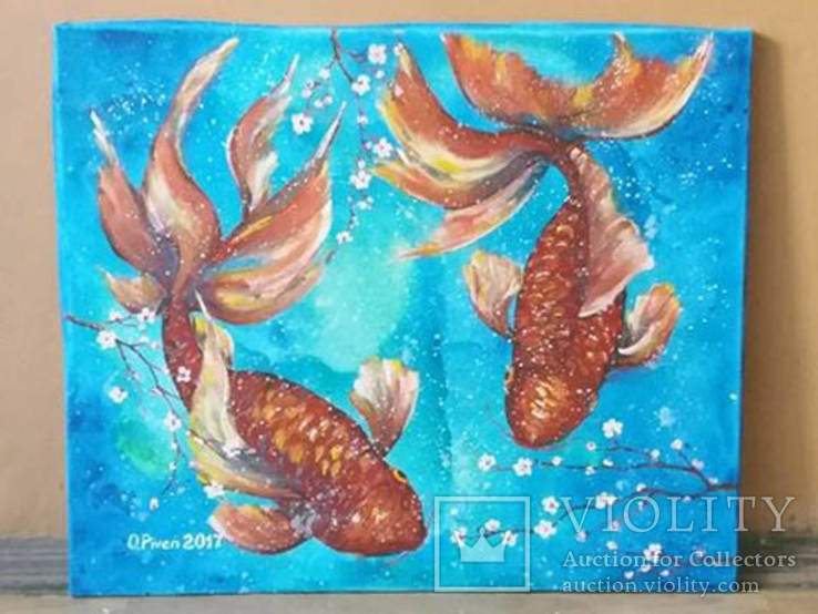 Рибки Кои. Полотно, акрилові фарби. 2017 р. 50х60 см, фото №3