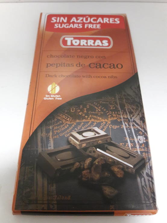 Шоколад без сахара Torras черный с дробленным какао Испания 75г, фото №4