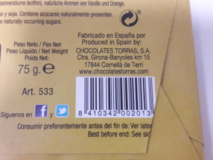 Шоколад без сахара Torras черный с кусочками апельсина Испания 75г, фото №7