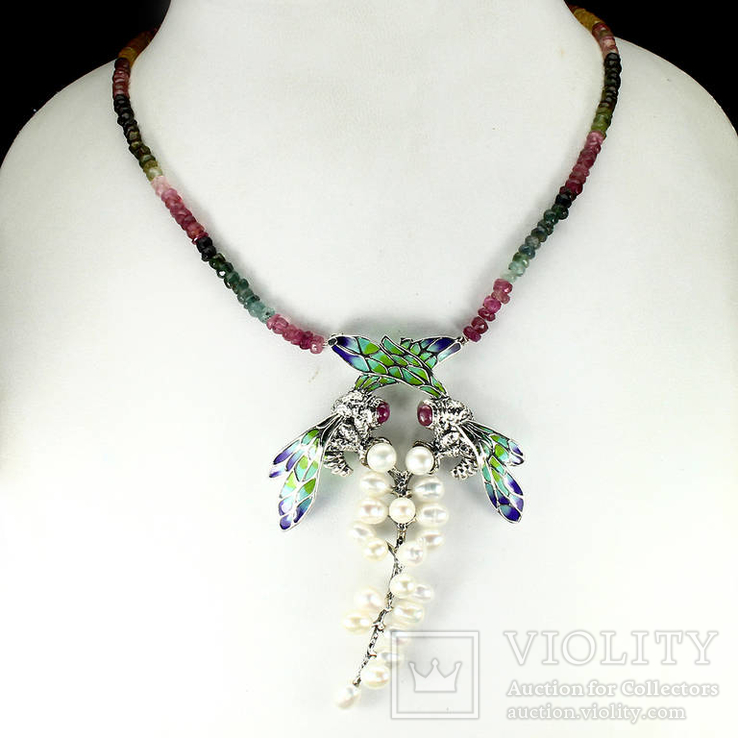 Ожерелье из натуральных турмалинов,жемчуга и цветной эмали, фото №2