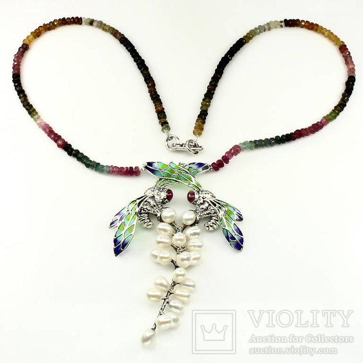 Ожерелье из натуральных турмалинов,жемчуга и цветной эмали, фото №3