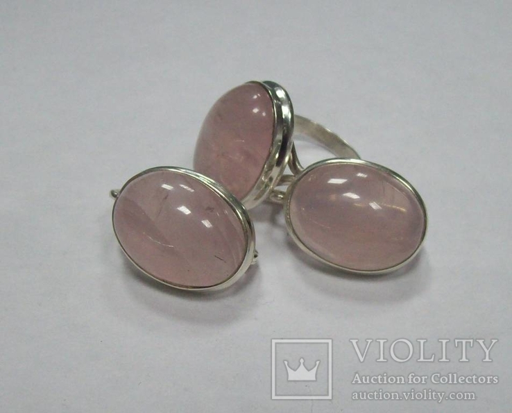Комплект, серьги и кольцо с розовым кварцем. Розовый кварц в серебре., фото №2