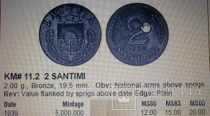  2 сантіма 1939року. Латвія (тільки один рік цього типу), фото №4