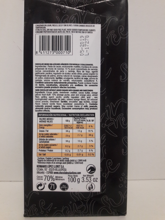Шоколад Черный CLAVILENO апельсин 70% сасао , без сахара 100г, фото №3
