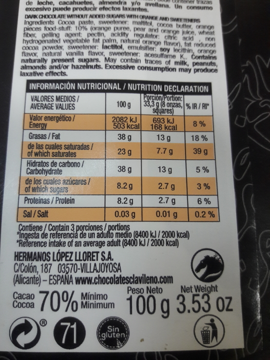 Шоколад Черный CLAVILENO апельсин 70% сасао , без сахара 100г, фото №7