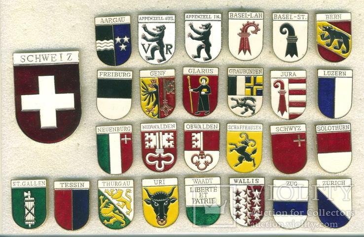 Швейцария. Государственный герб и гербы всех 26-ти кантонов.