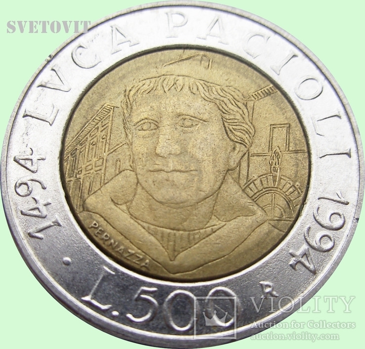 144.Италия 500 лир, 1994 г., 500 лет со дня рождения Луки Пачоли, фото №2