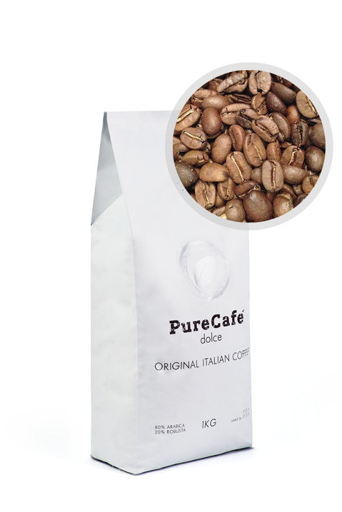 Кофе PureCafe Dolce, 80% Арабики, 20% Робусты, зерно, Италия, 1кг.