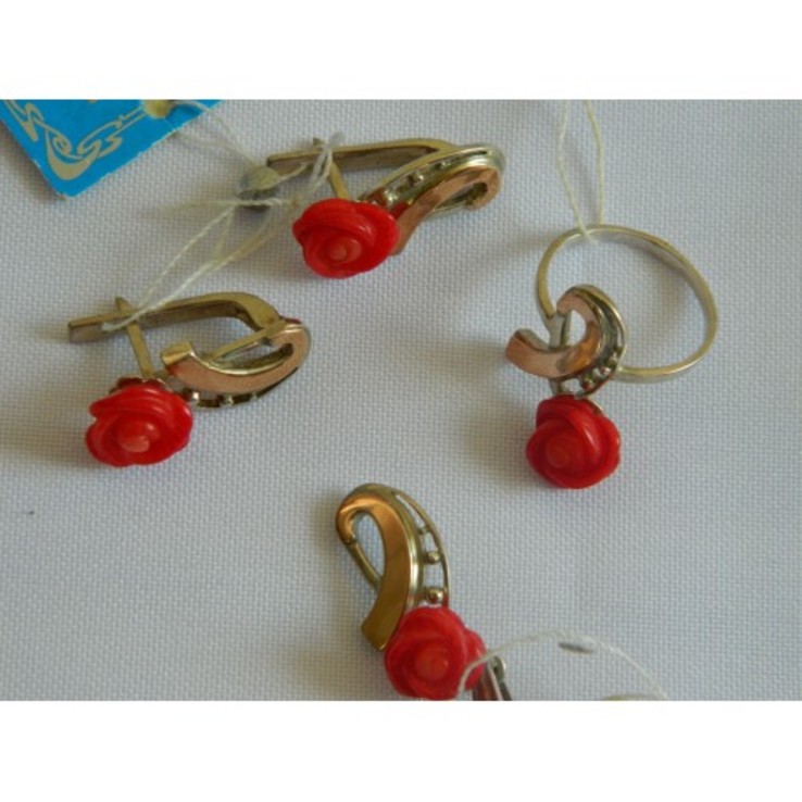 Набор  кольцо,серьги и кулон золото серебро коралл, photo number 6