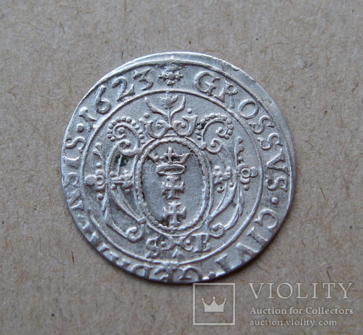 Гданьский грош 1623 года. SB под гербом. Сиг. ІІІ Ваза ( лот 2 ).