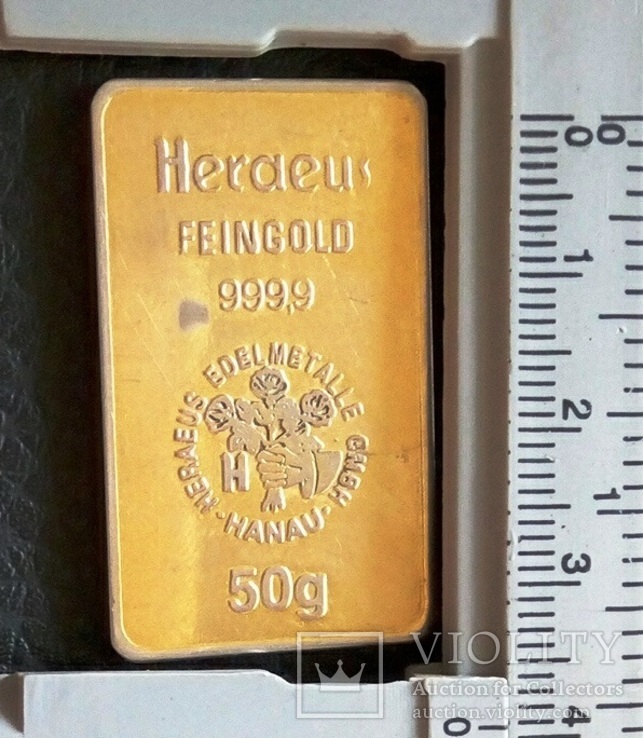  Зразок банківського зливка 50 грам . Heraues feingold (позолота), фото №2