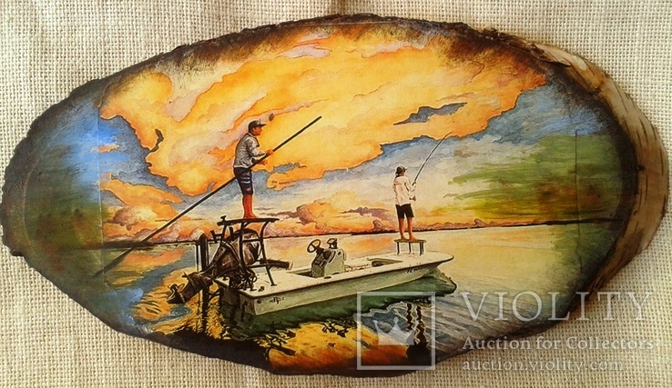 Картины на срезе дерева Рыбалка на озере на закате