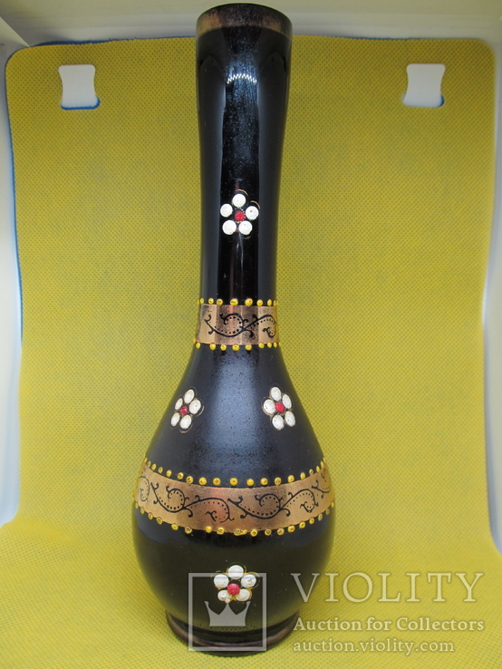 Старая ваза из фиолетового толстого стекла, ручная роспись, золочение, фото №2
