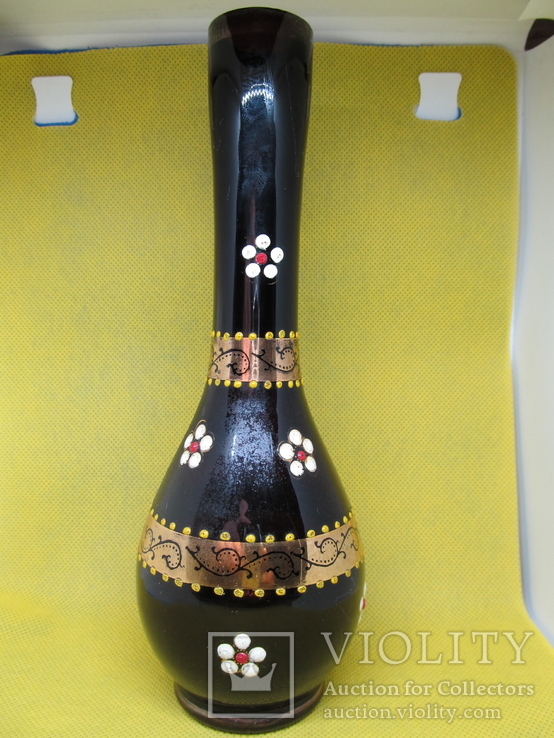 Старая ваза из фиолетового толстого стекла, ручная роспись, золочение, фото №3