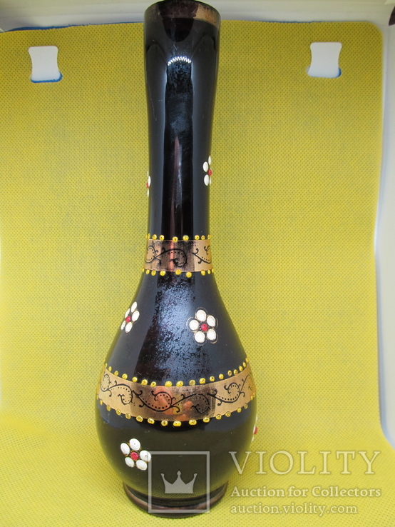 Старая ваза из фиолетового толстого стекла, ручная роспись, золочение, фото №4