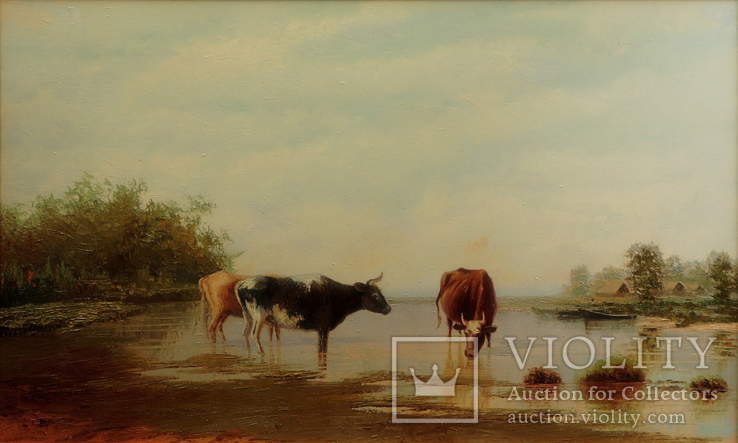 Картина маслом на холсте ′Коровы на водопое′ 2007 г., фото №3