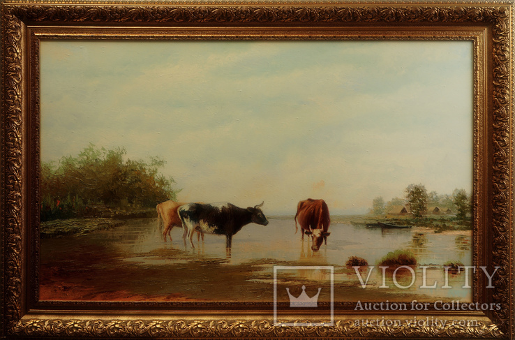 Картина маслом на холсте ′Коровы на водопое′ 2007 г., фото №2