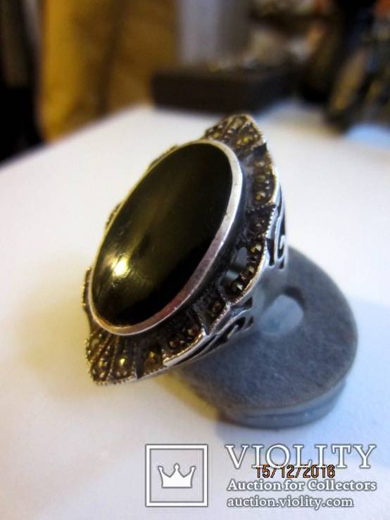 Cеребряное кольцо марказит с черным ониксом, фото №4