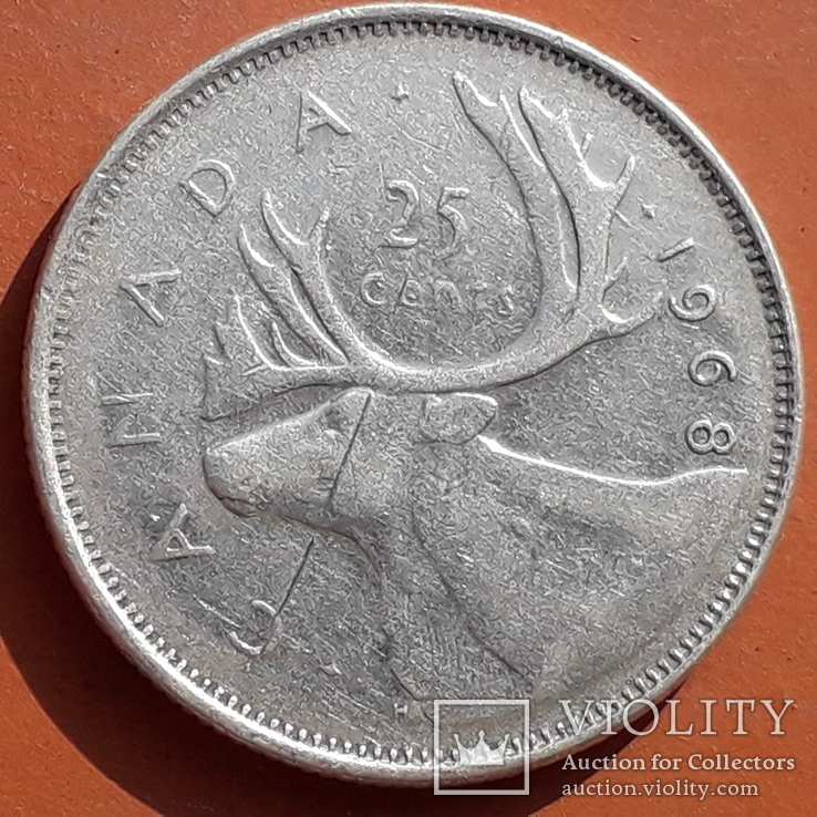25 центов, Канада, Елизавета II в короне, 1968 год, серебро 500-й пробы