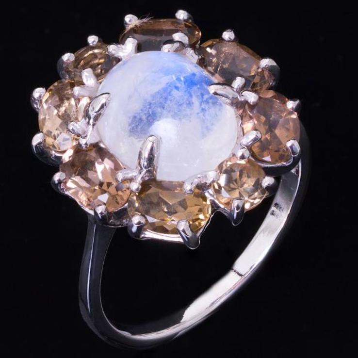 Кольцо 925 натуральный голубой лунный камень, смоки кварц., фото №3