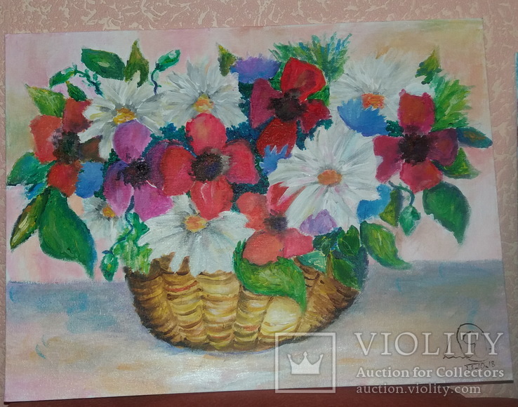 Картина юной художницы "Корзинка с цветами", фото №3