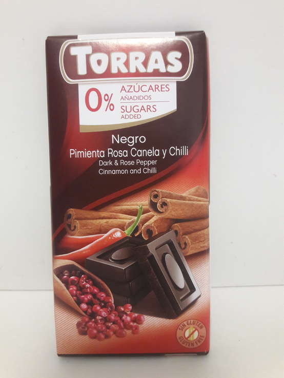 Шоколад без сахара Torras с розовым перцем, корицей и перцем Чили Испания 75г, фото №2