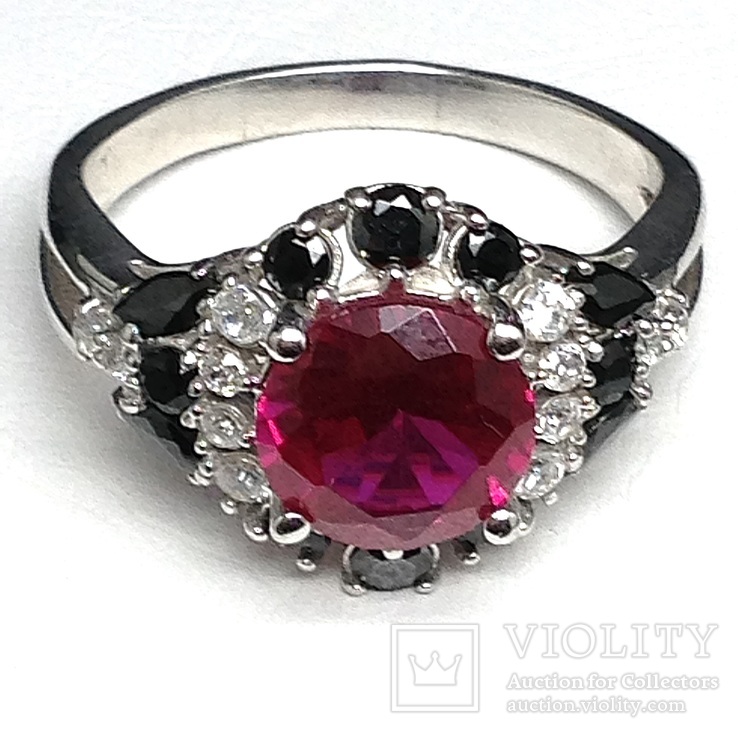 Серьги, кольцо, цирконы, розовые и черные камни, фото №5