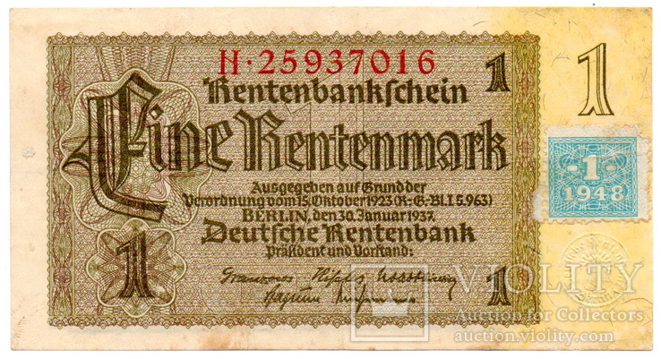 Банкнота Германия 1 рентная марка 1937 год с маркой оценки -1- 1948 год (ГДР) (VF), фото №2