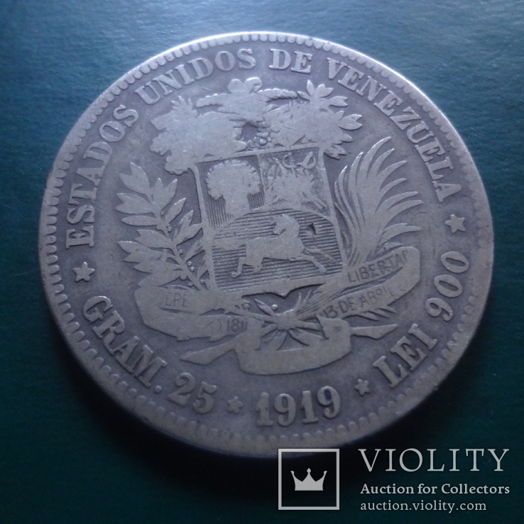 5 боливар 1919 Венесуэлла   серебро  (2.3.3)~, фото №3