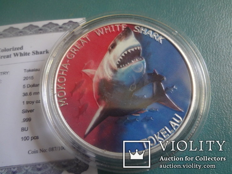 Токелау 5 долларов 2015 год большая белая акула серебро 999 унция~, фото №2