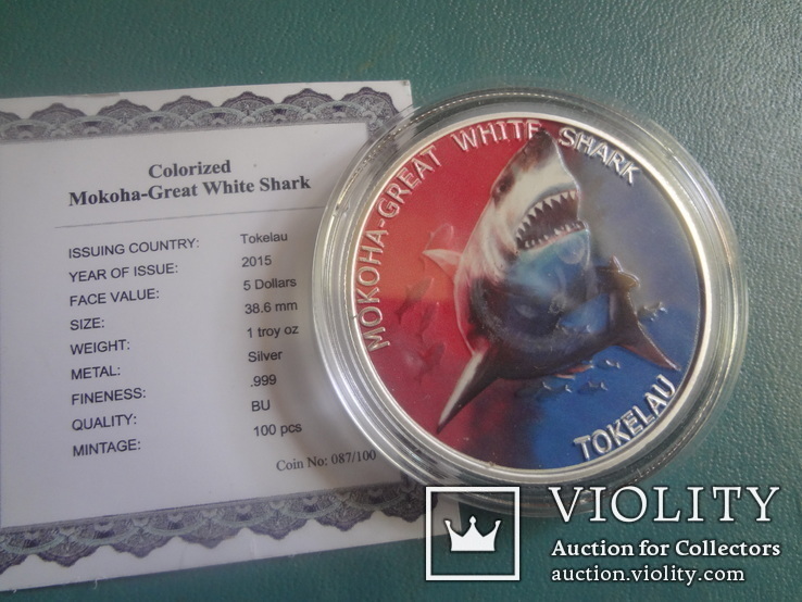 Токелау 5 долларов 2015 год большая белая акула серебро 999 унция~, фото №3