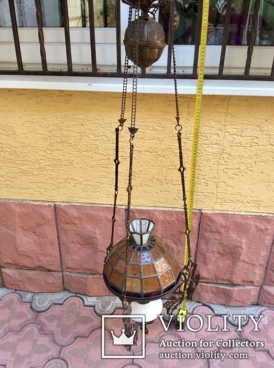 Антикварная керосиновая лампа с абажуром в стиле Тифани, фото №2