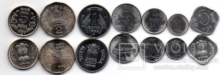 India Индия - набор 7 монет 5 10 25 50 1 2 5 Rupees 1994 - 1999 aUNC / UNC JavirNV