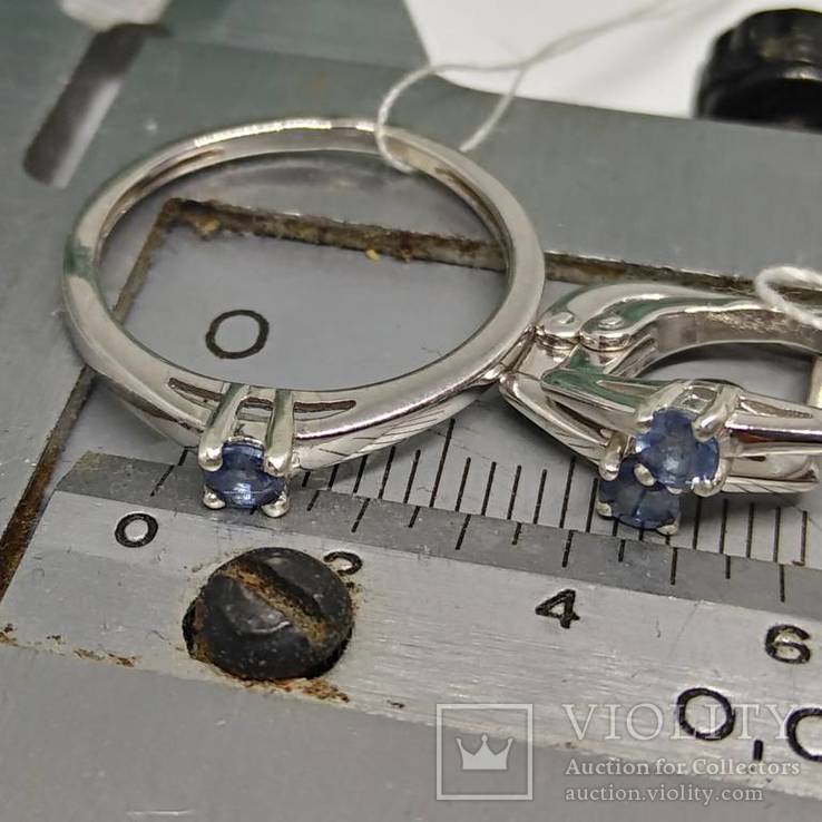 Серьги и кольцо 17.5мм с природными сапфирами, фото №3