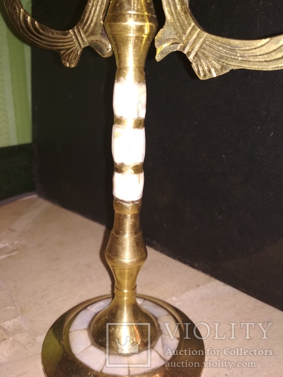 Подсвечник канделябр на 3 свечей латунь перламутр ажурный 24,5 см, фото №8