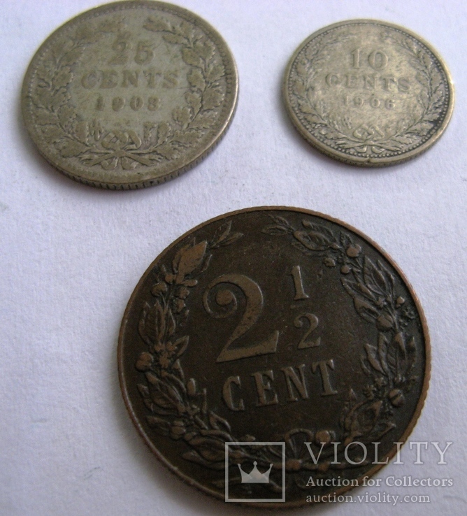 Нидерланды, комплект "Большая голова" 25 ц. 1908 + 10 ц. 1906 +2,5 ц. 1905, фото №2